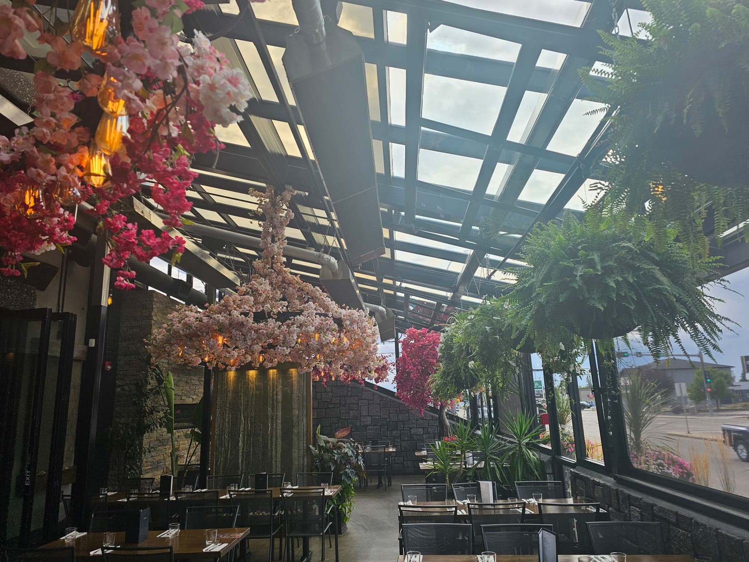 Restaurant patio with mounted Calcana infrared heaters keeping guests warm