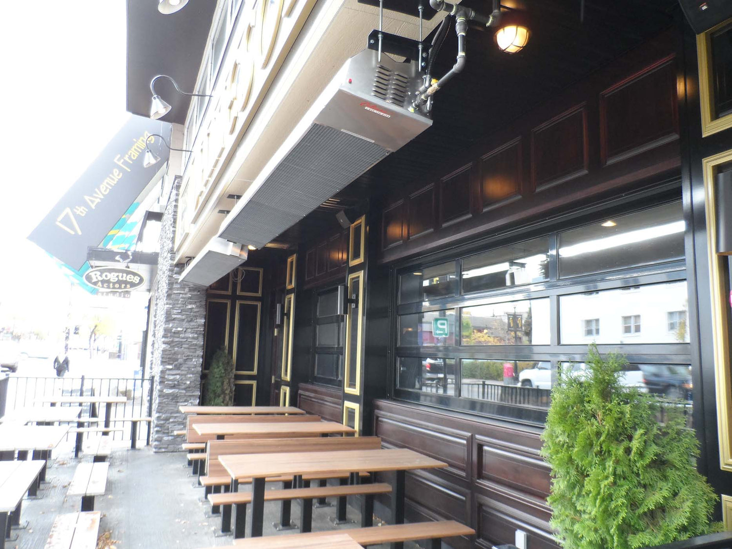 Infrared Patio Heaters Outside Irish Pub Keeping Patio Warm