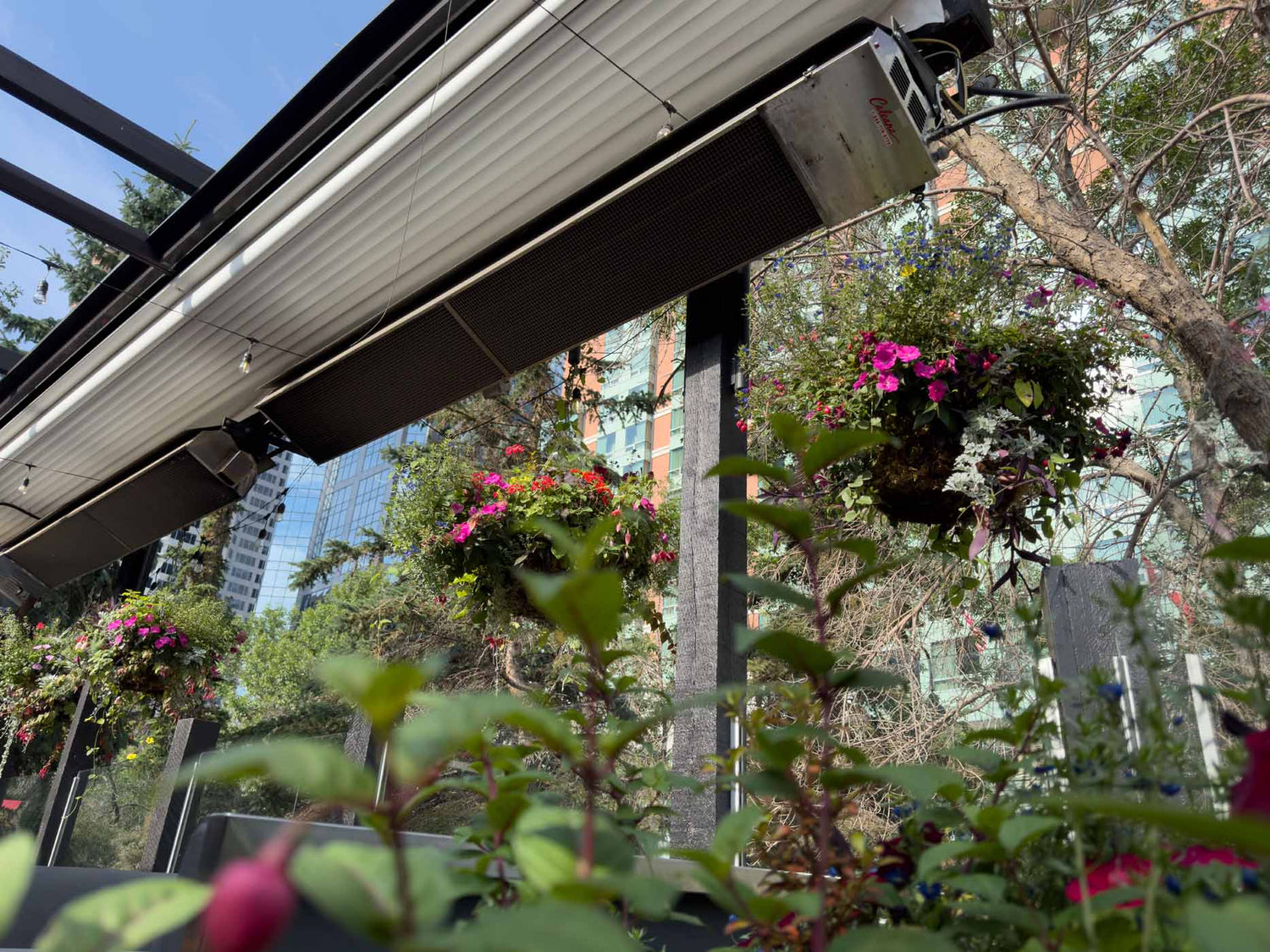 Two Infrared Patio Heaters Close to Pink Flowers While Operating