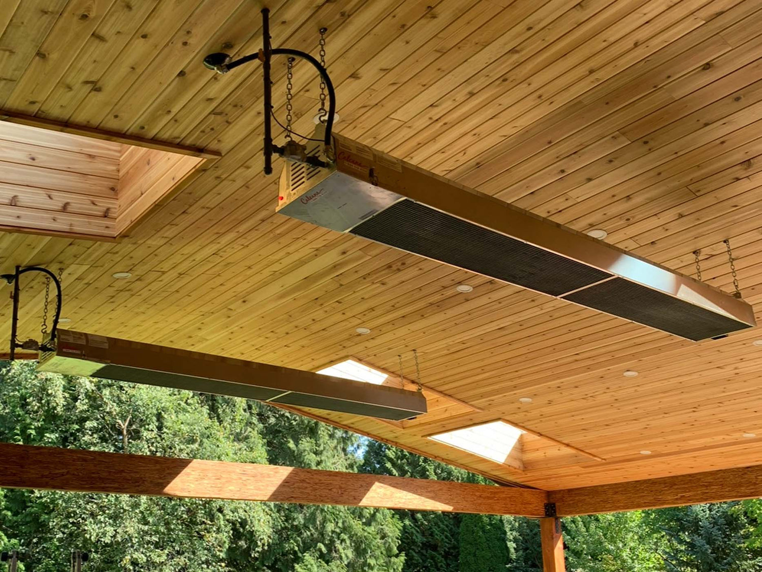 Enjoying morning coffee on patio with infrared heater and rising sunlight