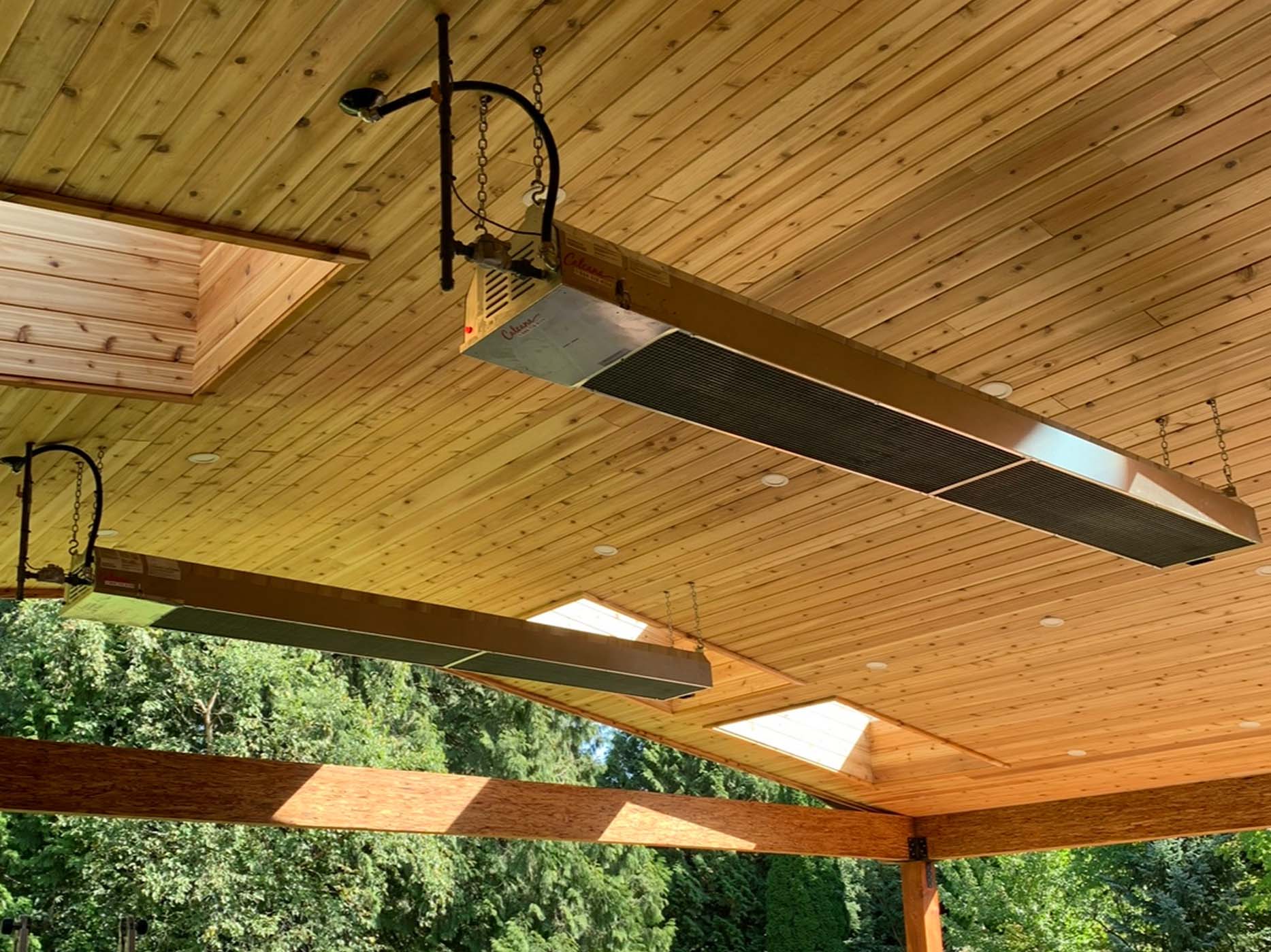 Enjoying morning coffee on patio with infrared heater and rising sunlight