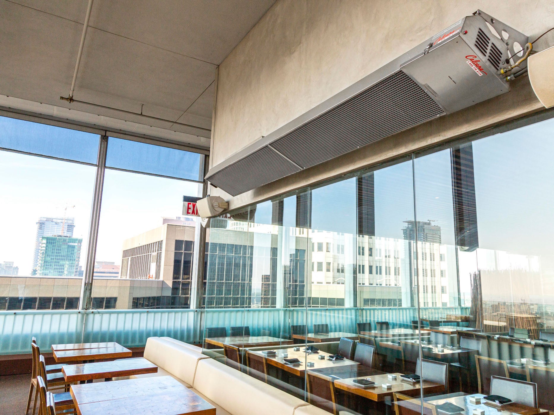 Infrared Patio Heater on an angle over tables
