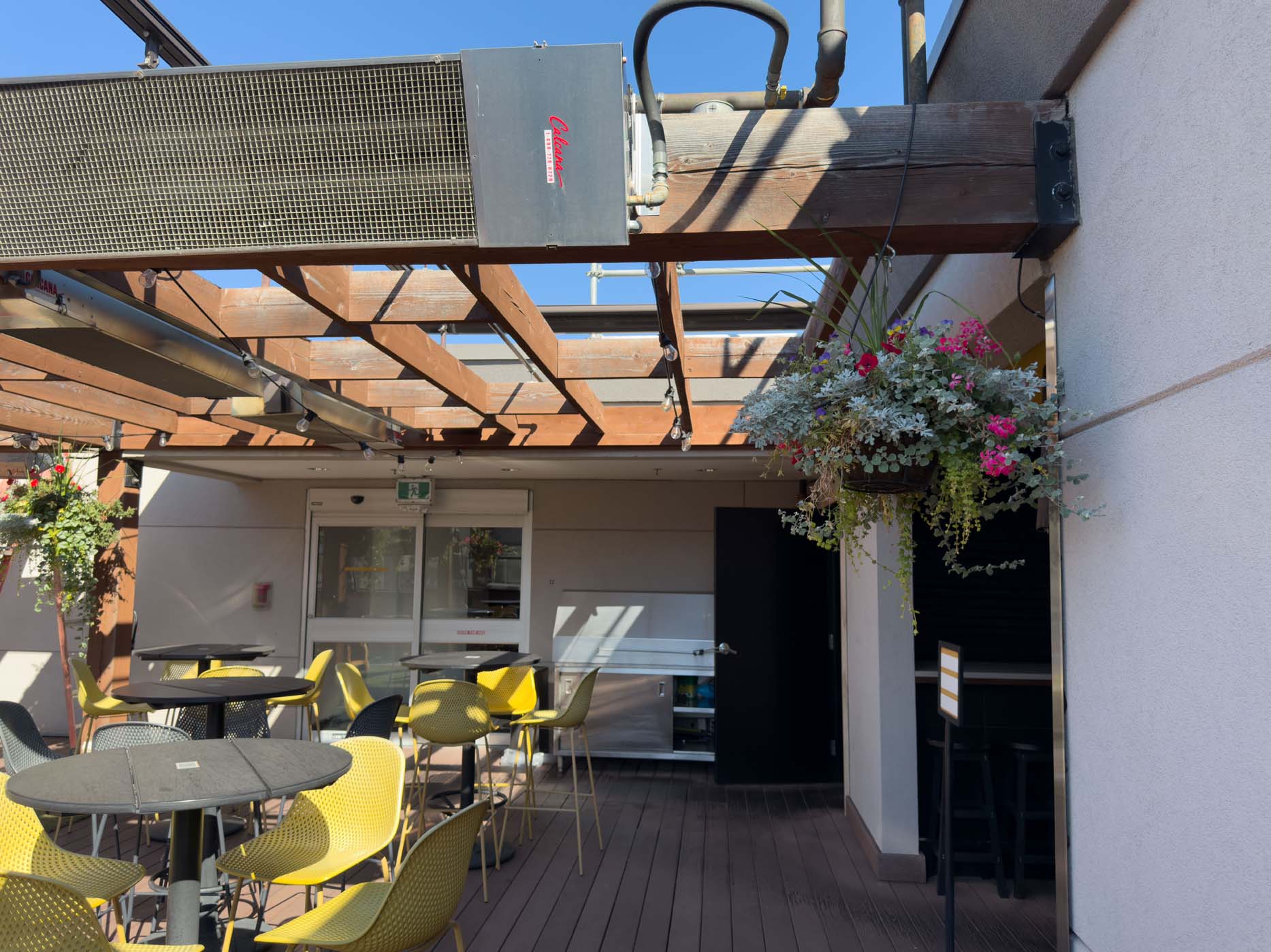 Calcana Infrared Heaters Perfectly Mounted at 25 Degree Angle Creating Perfect Coverage at Brewsters